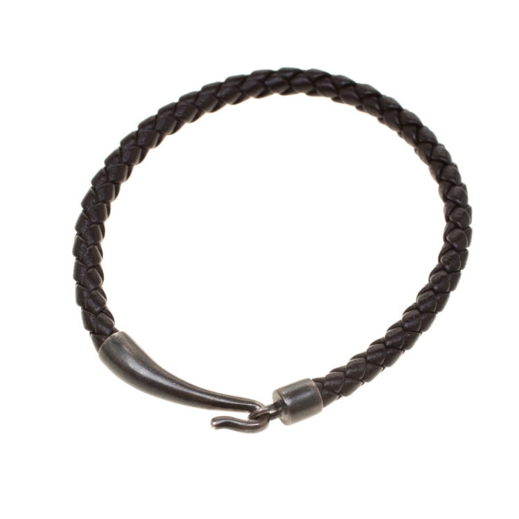 Pre Owned Bottega Veneta Brown Intrecciato Woven Leather Single Hook Bracelet 