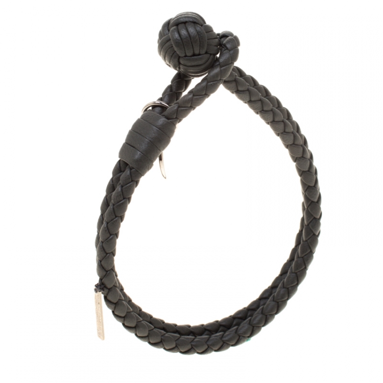 Pre Owned Bottega Veneta Grey Intrecciato Leather Double Strand Knot Bracelet