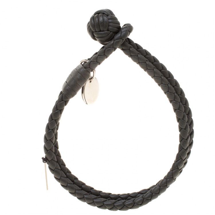 Pre Owned Bottega Veneta Grey Intrecciato Leather Double Strand Knot Bracelet