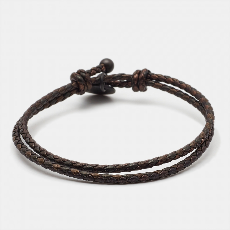 Pre Owned Bottega Veneta Braided Leather Gunmetal Tone Adjustable Bracelet