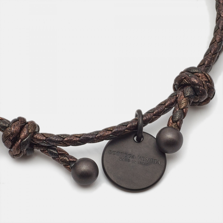Pre Owned Bottega Veneta Braided Leather Gunmetal Tone Adjustable Bracelet