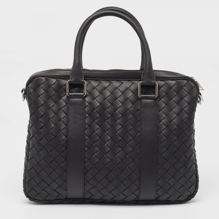 Pre Owned Bottega Veneta Black Intrecciato Leather Small Slim Briefcase