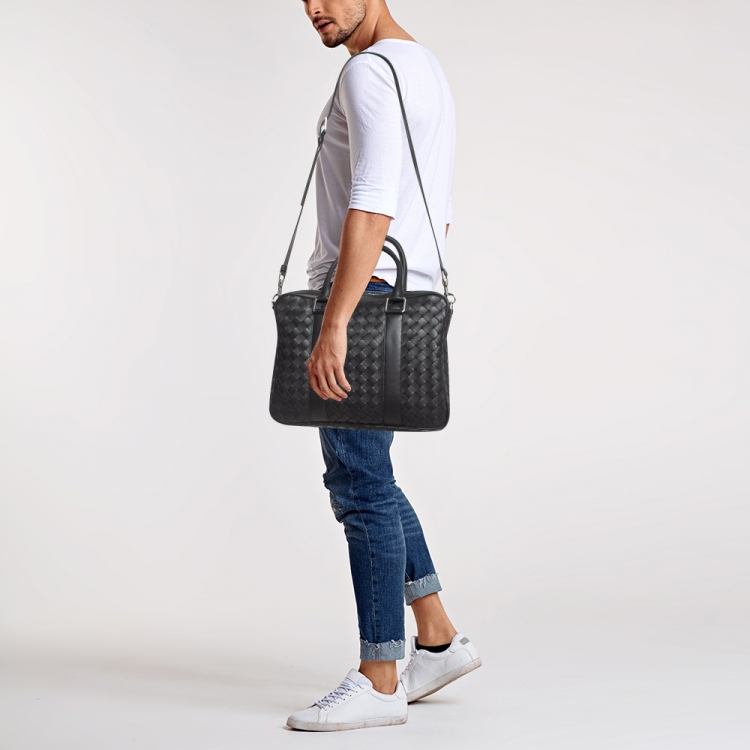 Pre Owned Bottega Veneta Black Intrecciato Leather Small Slim Briefcase