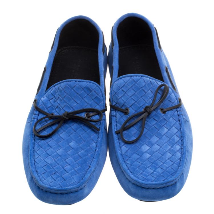 Pre Owned Bottega Veneta Blue Intrecciato Suede Bow Loafers Size 44