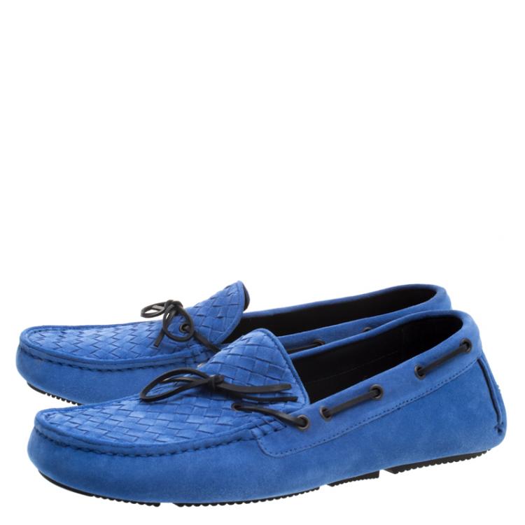 Pre Owned Bottega Veneta Blue Intrecciato Suede Bow Loafers Size 44