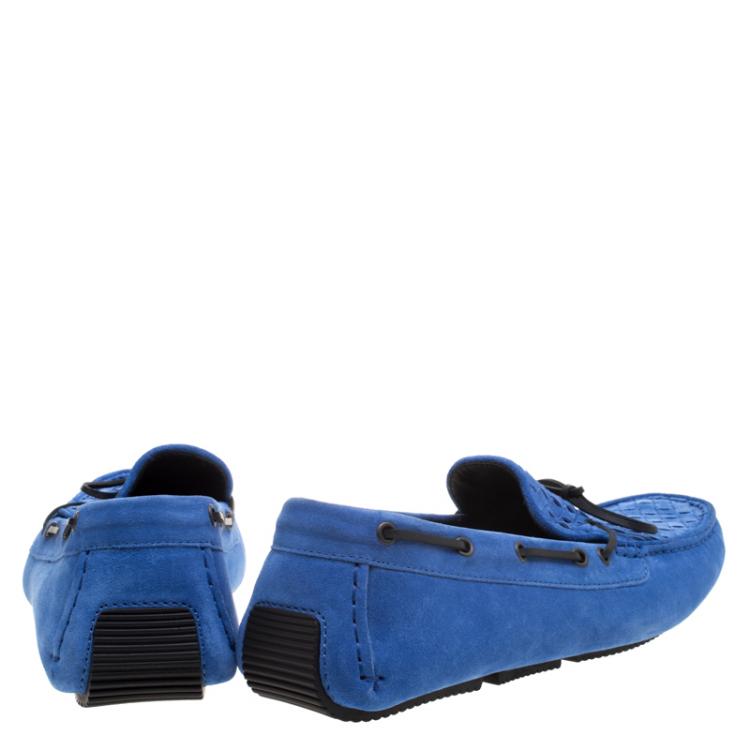 Pre Owned Bottega Veneta Blue Intrecciato Suede Bow Loafers Size 44