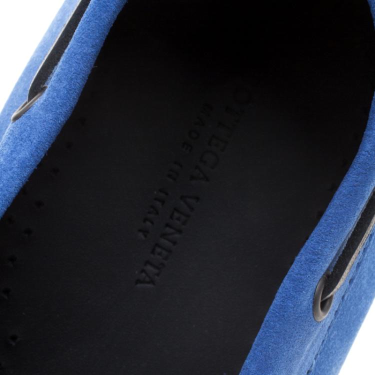 Pre Owned Bottega Veneta Blue Intrecciato Suede Bow Loafers Size 44