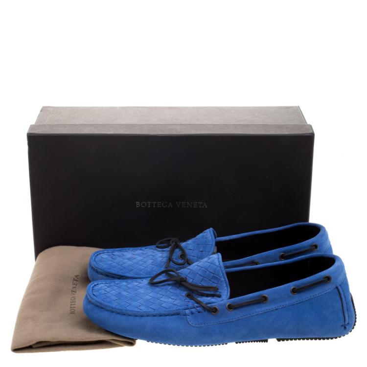 Pre Owned Bottega Veneta Blue Intrecciato Suede Bow Loafers Size 44