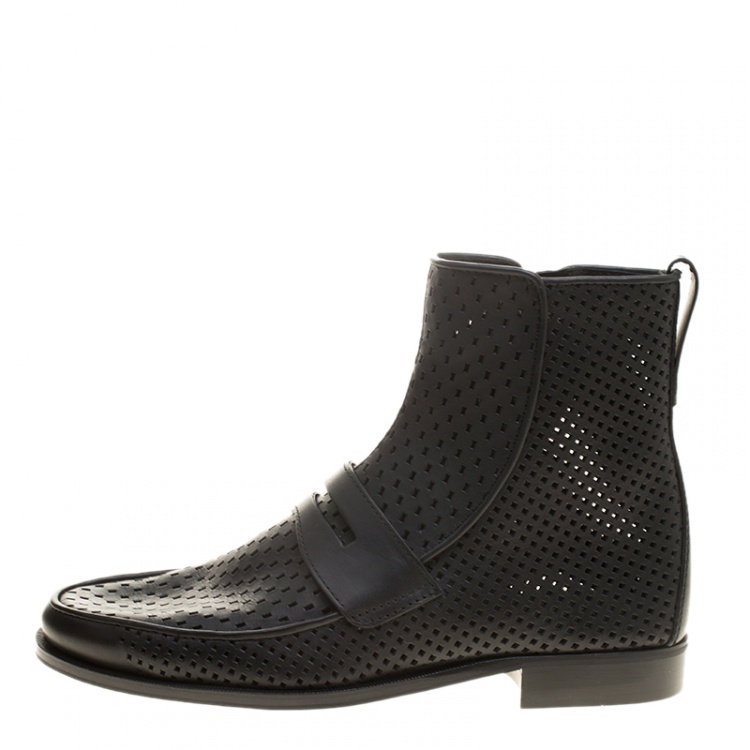 Pre Owned Bottega Veneta Black Perforated Leather Loafer Boots Size 40