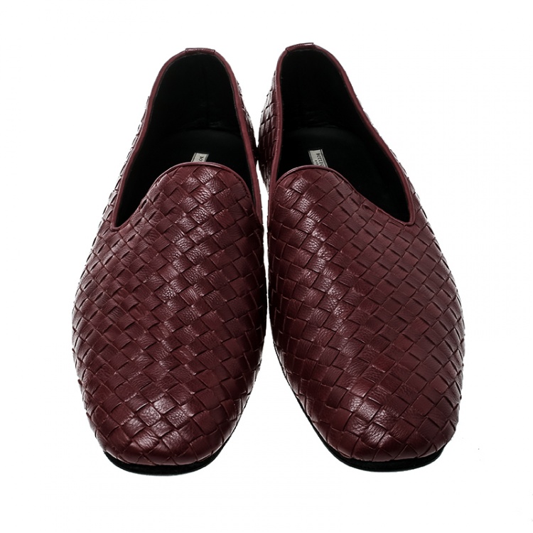 Pre Owned Bottega Veneta Maroon Intrecciato Leather Smoking Slippers Size 45