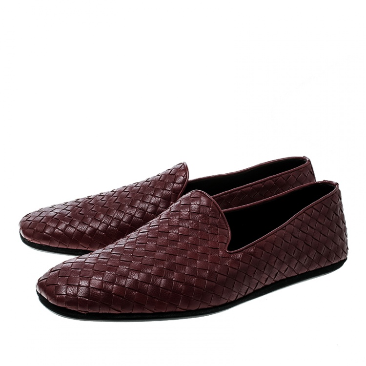 Pre Owned Bottega Veneta Maroon Intrecciato Leather Smoking Slippers Size 45