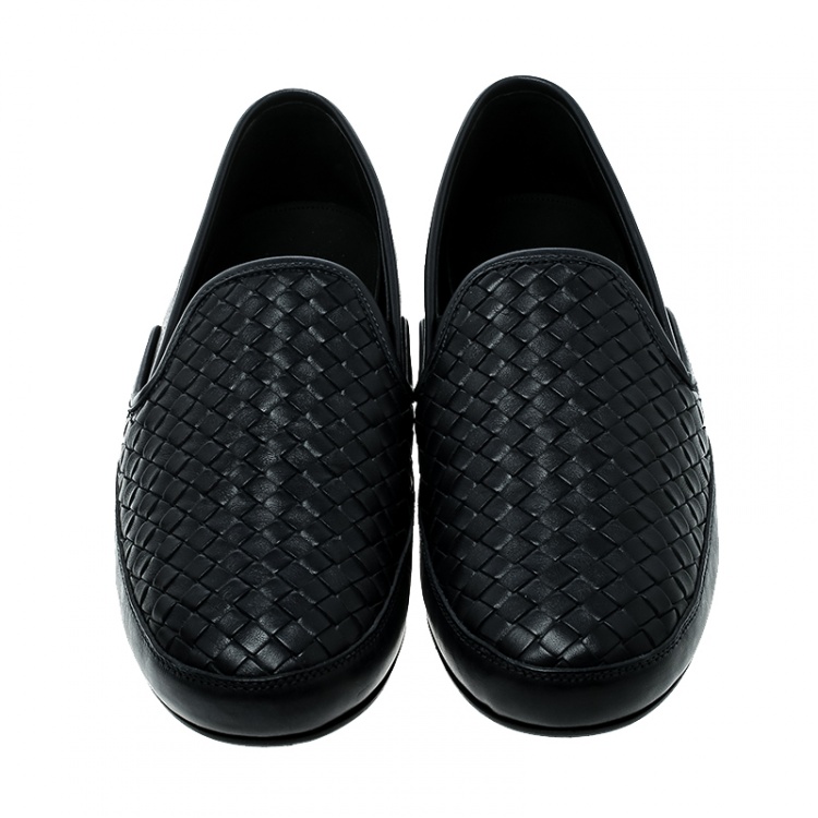 Pre Owned Bottega Veneta Navy Intrecciato Leather Loafers Size 45