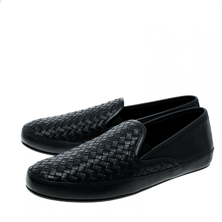 Pre Owned Bottega Veneta Navy Intrecciato Leather Loafers Size 45