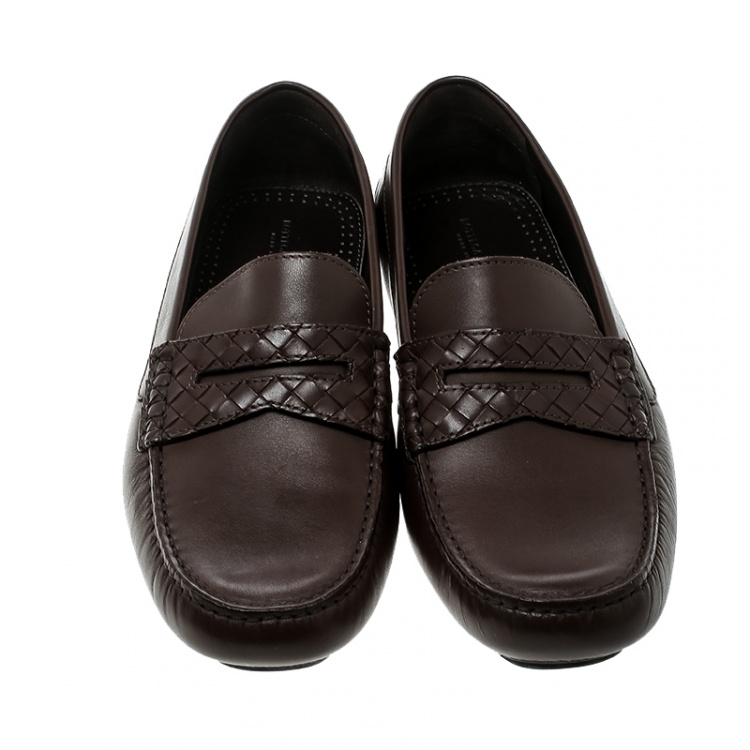 Pre Owned Bottega Veneta Brown Leather Wave Driver Intrecciato Detail Moccasins Size 45