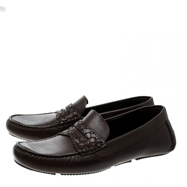 Pre Owned Bottega Veneta Brown Leather Wave Driver Intrecciato Detail Moccasins Size 45
