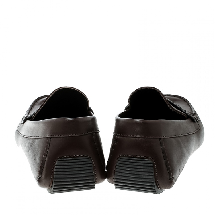 Pre Owned Bottega Veneta Brown Leather Wave Driver Intrecciato Detail Moccasins Size 45