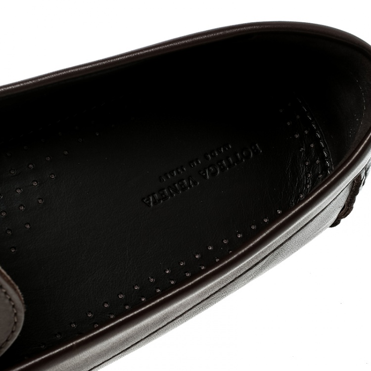 Pre Owned Bottega Veneta Brown Leather Wave Driver Intrecciato Detail Moccasins Size 45