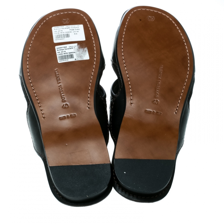 Pre Owned Bottega Veneta Black Intrecciato Leather Cross Strap Flat Slides Size 40