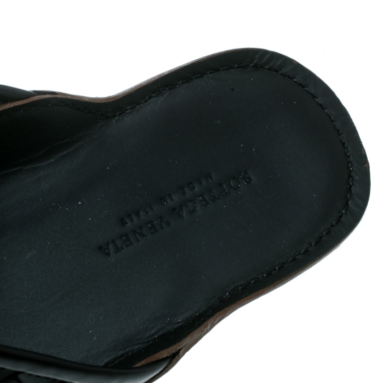 Pre Owned Bottega Veneta Black Intrecciato Leather Cross Strap Flat Slides Size 40