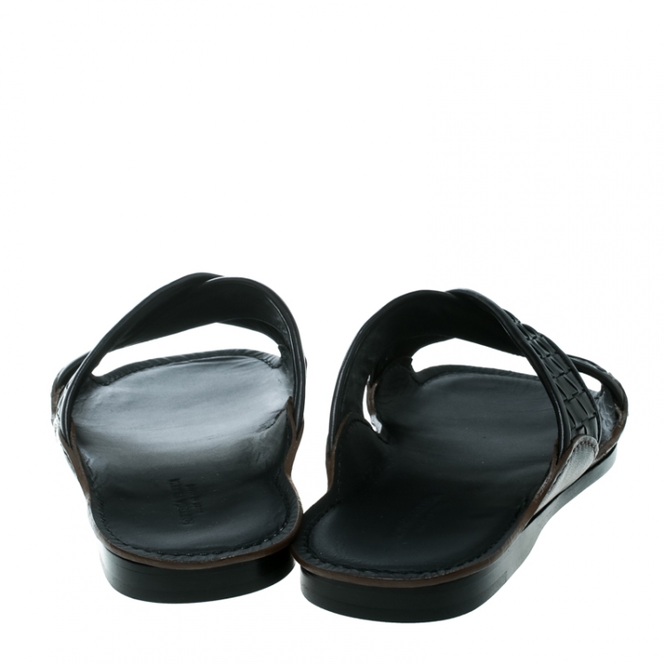 Pre Owned Bottega Veneta Black Intrecciato Leather Cross Strap Flat Slides Size 40