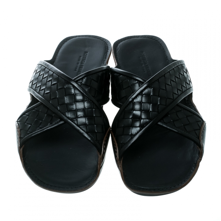 Pre Owned Bottega Veneta Black Intrecciato Leather Cross Strap Flat Slides Size 40