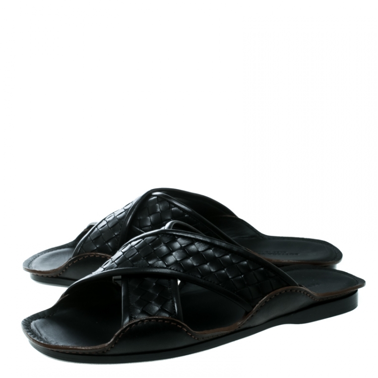 Pre Owned Bottega Veneta Black Intrecciato Leather Cross Strap Flat Slides Size 40