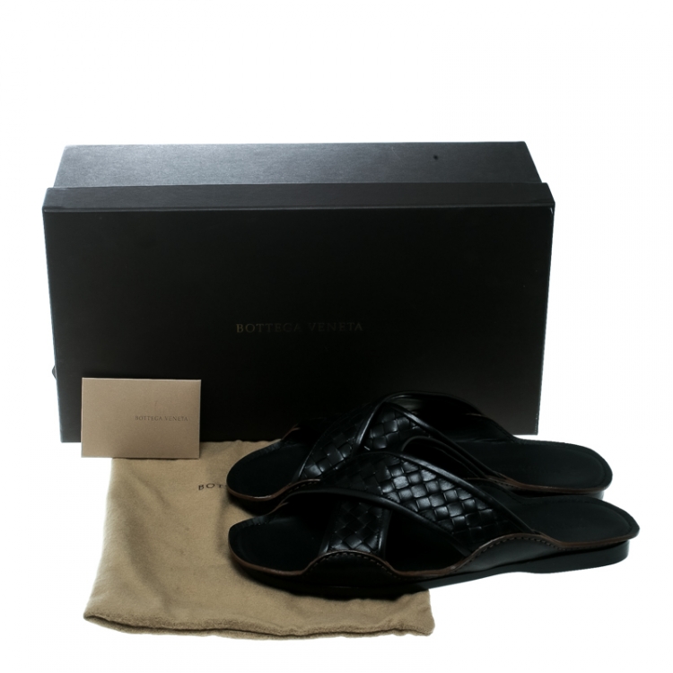 Pre Owned Bottega Veneta Black Intrecciato Leather Cross Strap Flat Slides Size 40