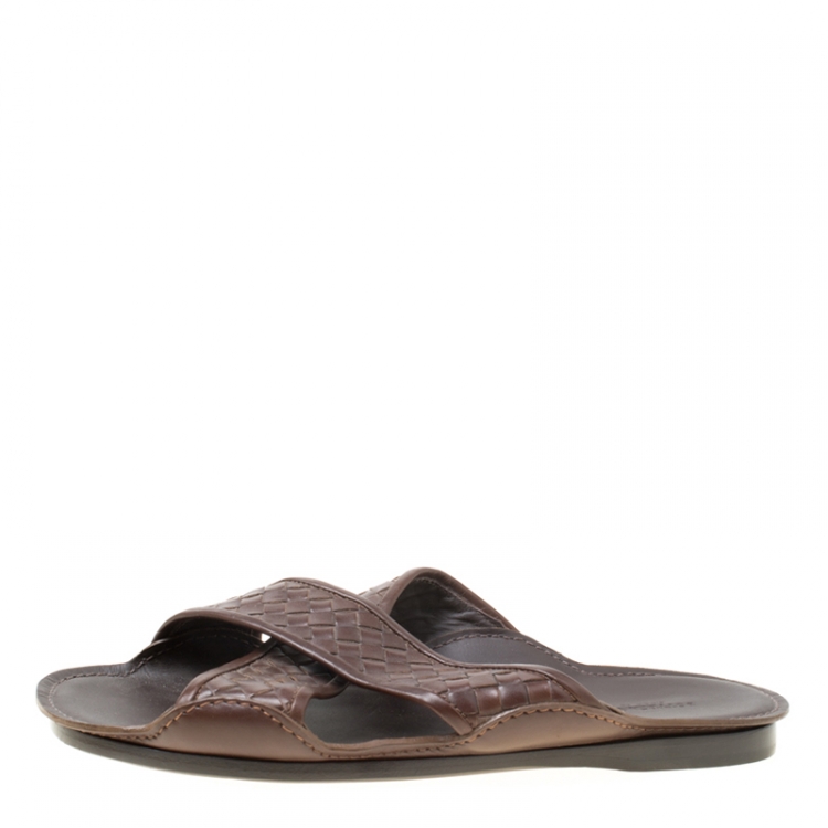 Pre Owned Bottega Veneta Brown Intrecciato Leather Cross Strap Sandals Size 42