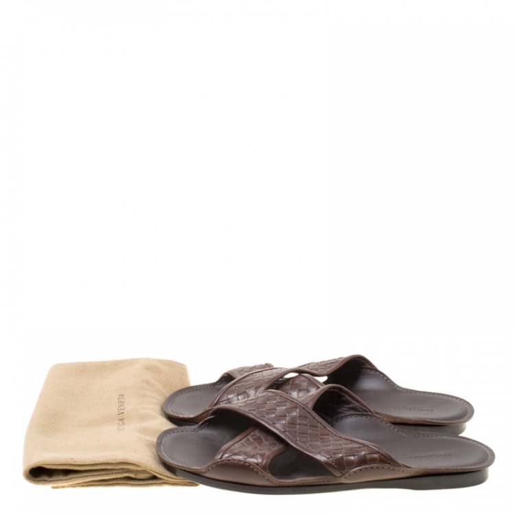 Pre Owned Bottega Veneta Brown Intrecciato Leather Cross Strap Sandals Size 42