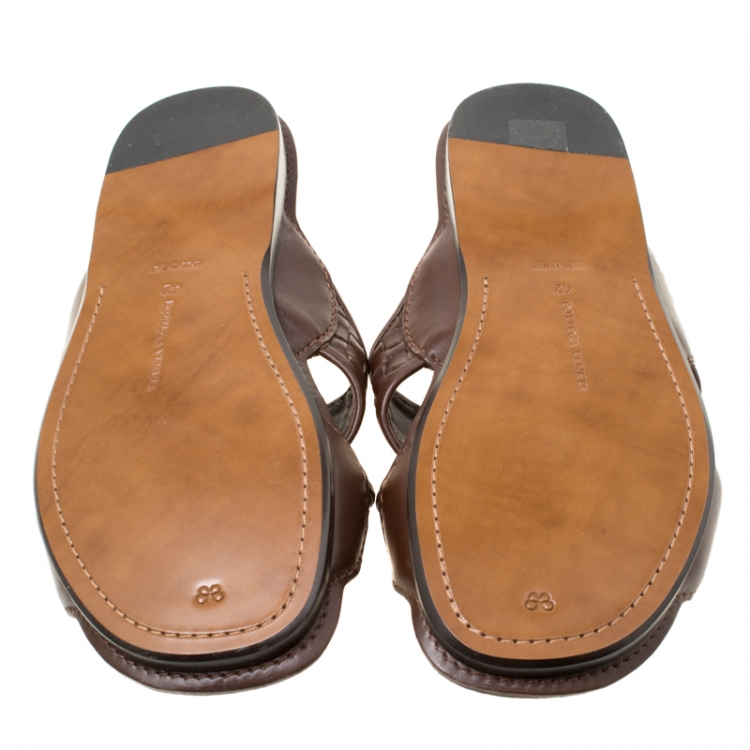 Pre Owned Bottega Veneta Brown Intrecciato Leather Cross Strap Sandals Size 42