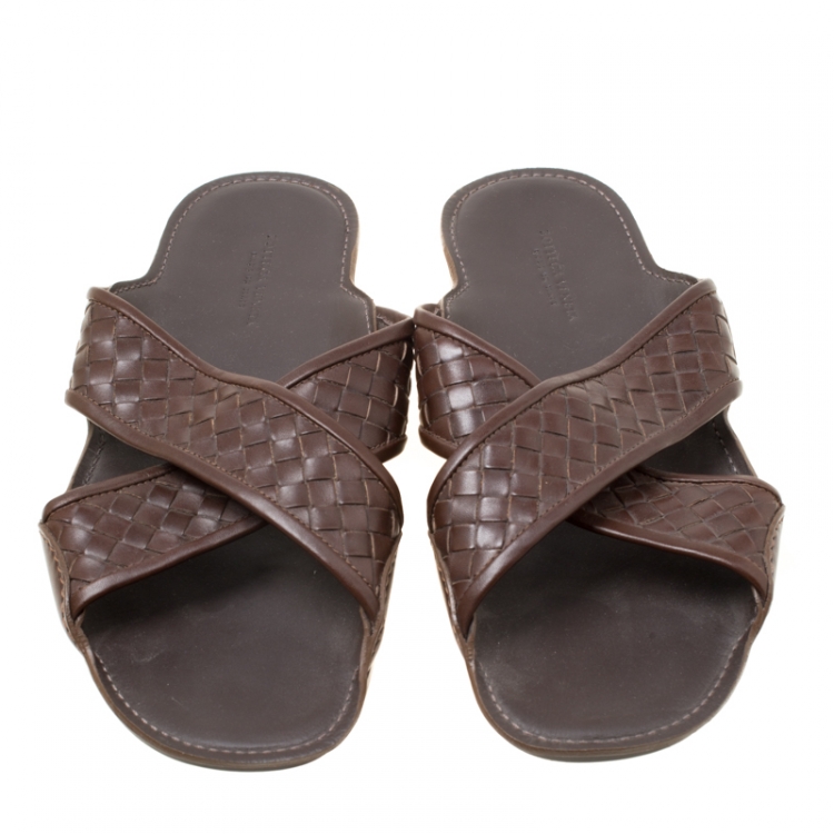 Pre Owned Bottega Veneta Brown Intrecciato Leather Cross Strap Sandals Size 42