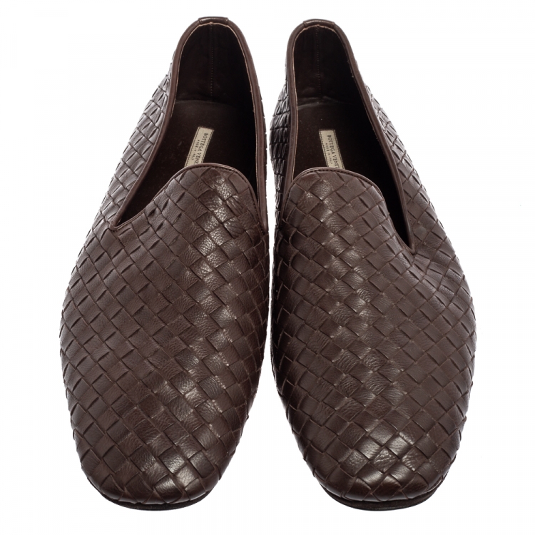 Pre Owned Bottega Veneta Dark Brown Intrecciato Leather Smoking Slippers Size 44