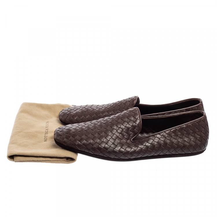Pre Owned Bottega Veneta Dark Brown Intrecciato Leather Smoking Slippers Size 44