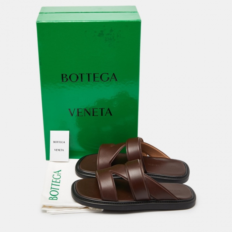 Pre Owned Bottega Veneta Dark Brown Leather Flat Slides Size 41