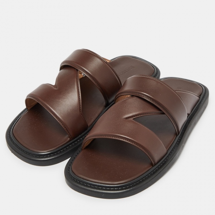 Pre Owned Bottega Veneta Dark Brown Leather Flat Slides Size 41