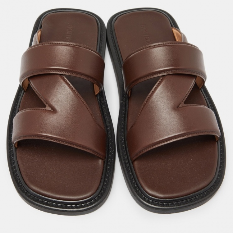 Pre Owned Bottega Veneta Dark Brown Leather Flat Slides Size 41