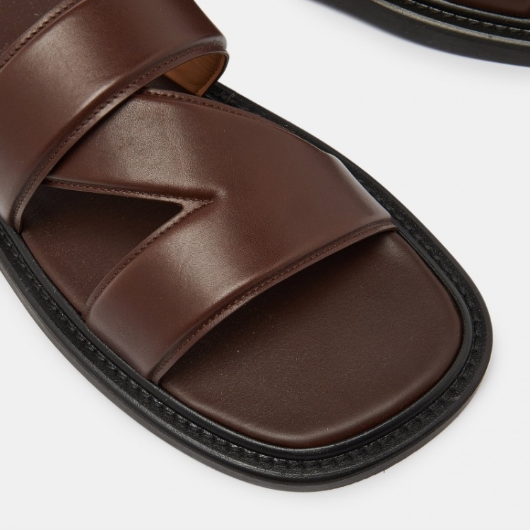 Pre Owned Bottega Veneta Dark Brown Leather Flat Slides Size 41