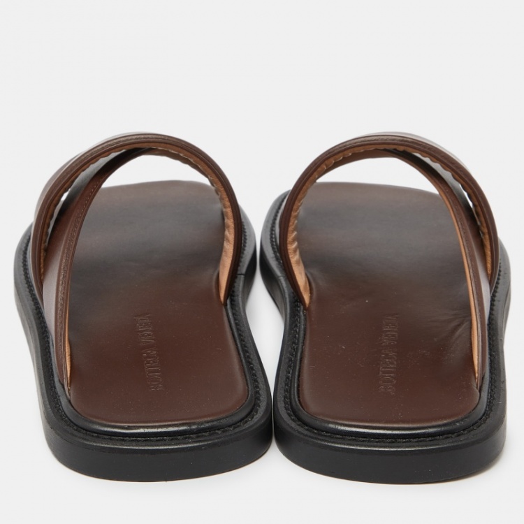 Pre Owned Bottega Veneta Dark Brown Leather Flat Slides Size 41