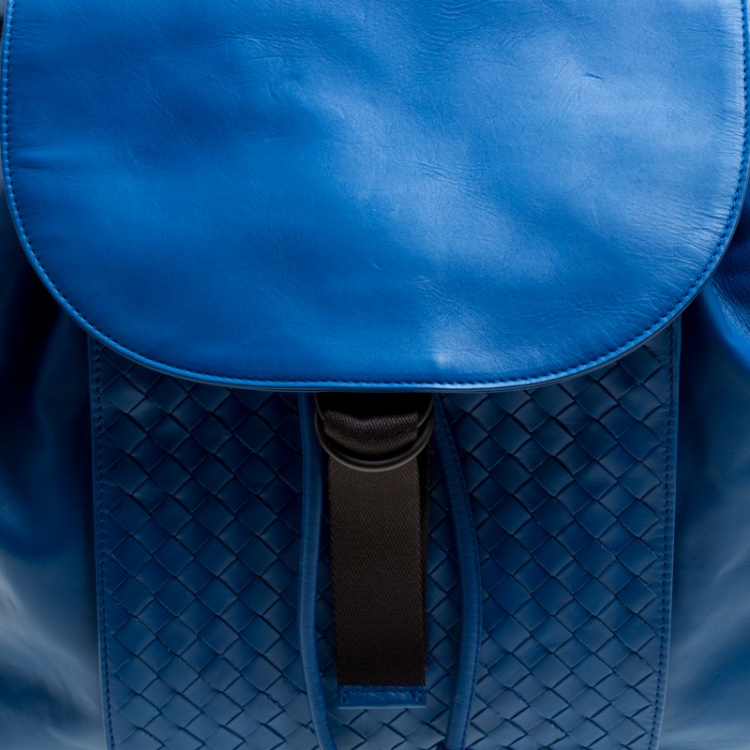 Pre Owned Bottega Veneta Blue Intrecciato Leather Drawstring Backpack
