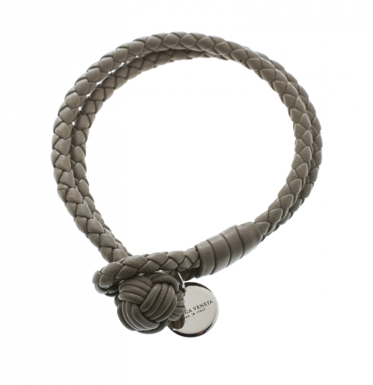 Pre Owned Bottega Veneta Intrecciato Nappa Grey Leather Double Strand Bracelet