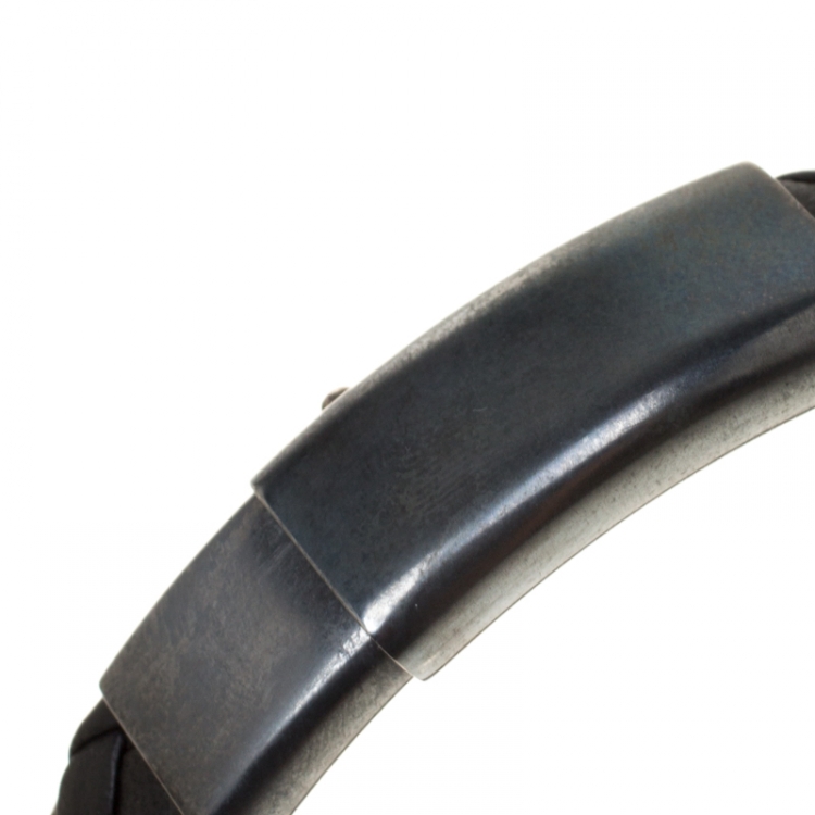 Pre Owned Bottega Veneta Black Intrecciato Woven Leather Silver Bracelet