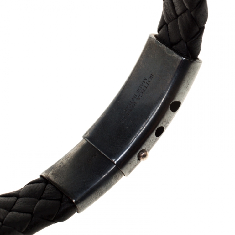 Pre Owned Bottega Veneta Black Intrecciato Woven Leather Silver Bracelet