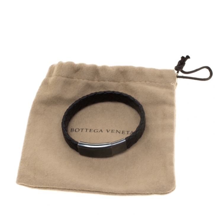 Pre Owned Bottega Veneta Black Intrecciato Woven Leather Silver Bracelet