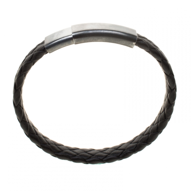 Pre Owned Bottega Veneta Black Intrecciato Woven Leather Silver Bracelet