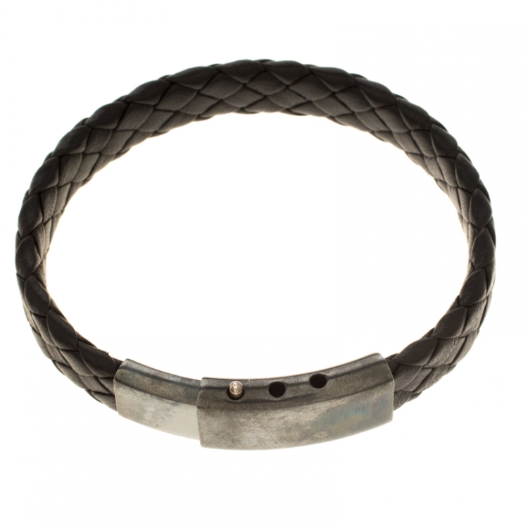 Pre Owned Bottega Veneta Black Intrecciato Woven Leather Silver Bracelet
