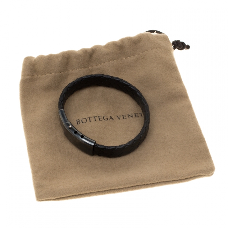 Pre Owned Bottega Veneta Black Intrecciato Woven Leather Silver Bracelet