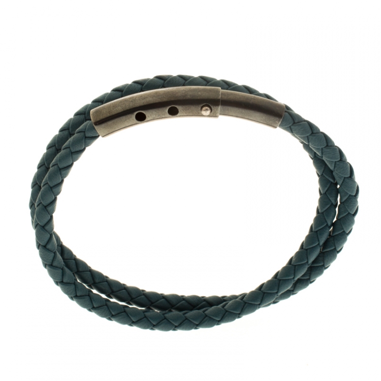 Pre Owned Bottega Veneta Blue Intrecciato Woven Leather Double Wrap Bracelet 