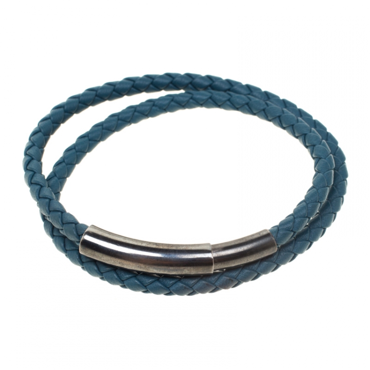Pre Owned Bottega Veneta Blue Intrecciato Woven Leather Double Wrap Bracelet 
