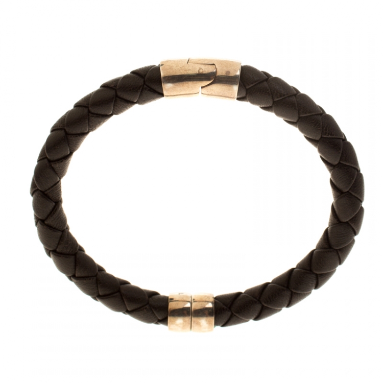 Pre Owned Bottega Veneta Brown Woven Leather Silver Narrow Bracelet 