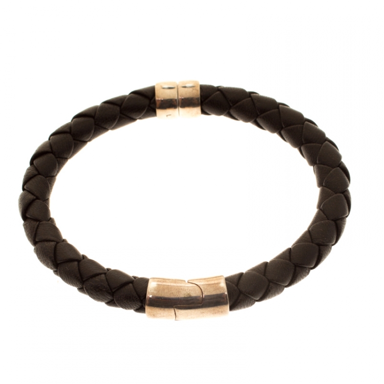 Pre Owned Bottega Veneta Brown Woven Leather Silver Narrow Bracelet 